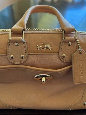 Coach Carriage Logo Tan Leather Satchel with Gold-Tone Hardware